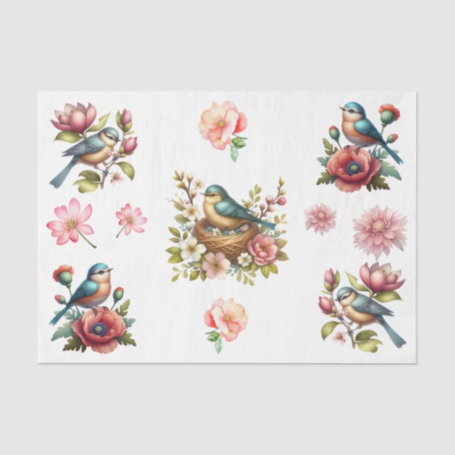 Papel De Seda Elementos Florais e Pássaros de Primavera em Aquar (Frente )