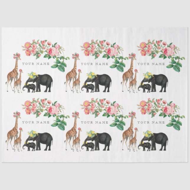 Papel De Seda Elephant & Giraffe Floral Nome Personalizado (Frente )