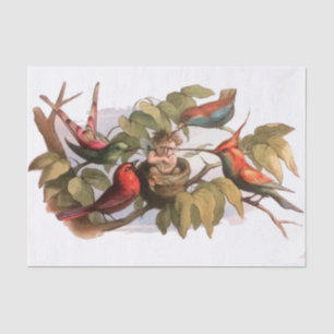 Papel De Seda Elfo Woodland no Ninho: Pássaro Antiquado Pulando 
