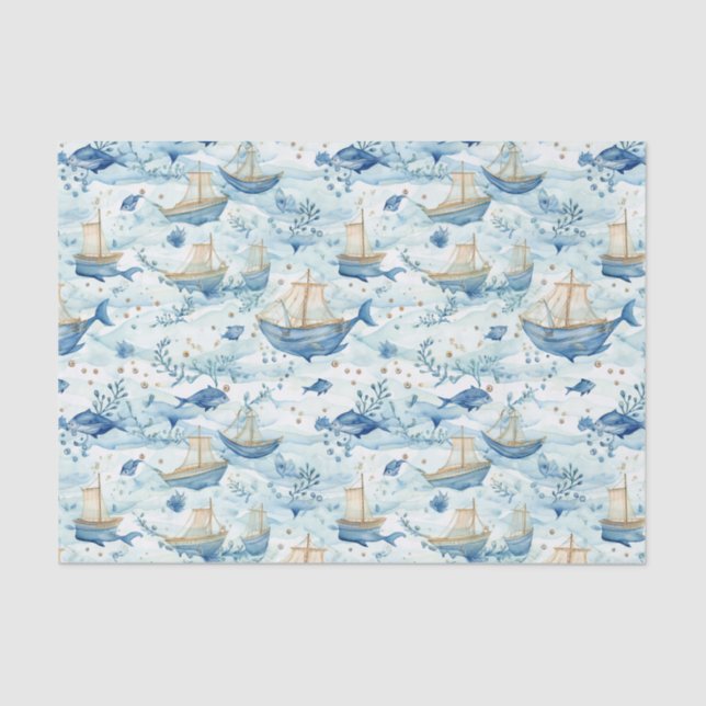 Papel De Seda Embarcações de Oceano com Decoupage de Baleias (Frente )