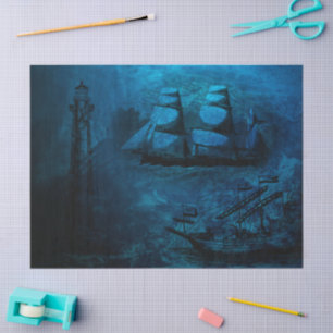 Papel De Seda Embarcações de Vintagem Azul Escuro e Farol