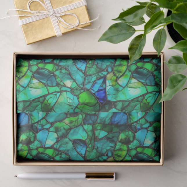 Papel De Seda Emerald Teal Sea Glass Mosaic Abstract Pattern (Presente)