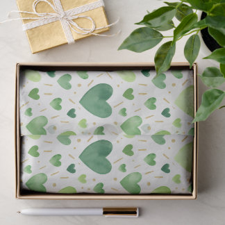 Papel De Seda Emerald Watercolor Hearts & Gold Leaf