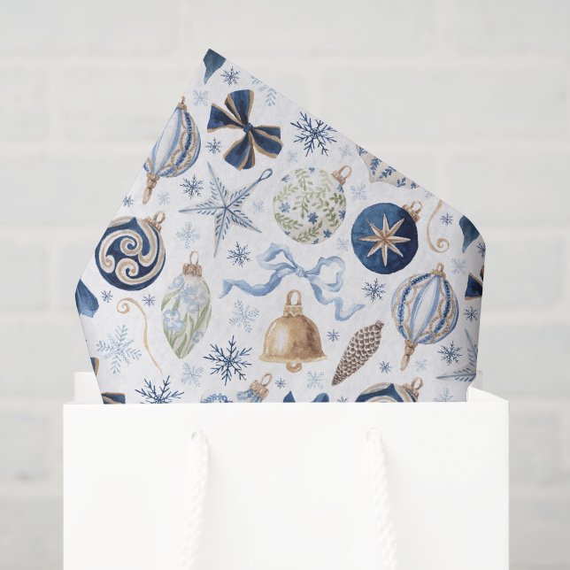 Papel De Seda Enfeites de Natal em Azul Aquarela (Sacola de presentes)