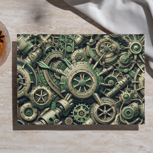 Papel De Seda Engrenagens Industriais Verde de Relógio Steampunk