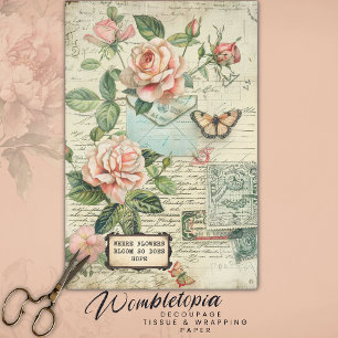 Papel De Seda Ephemera Botânica da Vintage Rosas e Borboleta