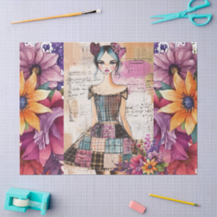 Papel De Seda Ephemera De Vestido Floral Da Vintagem Distante