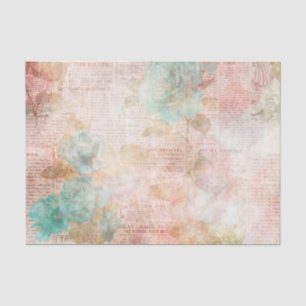 Papel De Seda Ephemera Floral Rosa e Turquesa