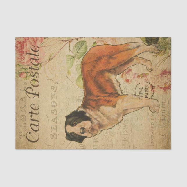 Papel De Seda Ephemera French Postcard Dog Floral Decoupage (Frente )