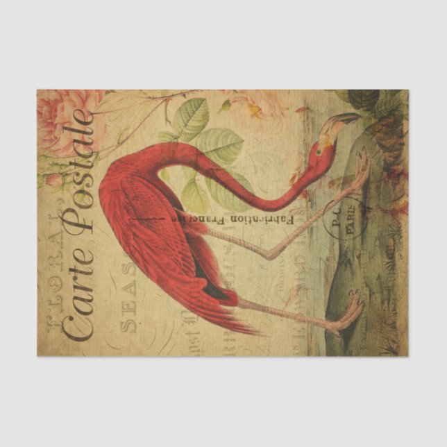 Papel De Seda Ephemera French Postcard Flamingo Floral Decoupage (Frente )