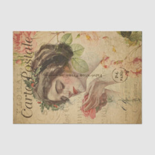 Papel De Seda Ephemera French Postcard Woman com Rosa Decoupage
