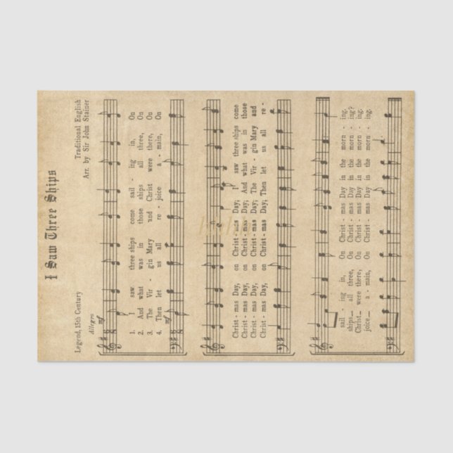 Papel De Seda Ephemera " Vi Três Navios" Carol de Natal (Frente )