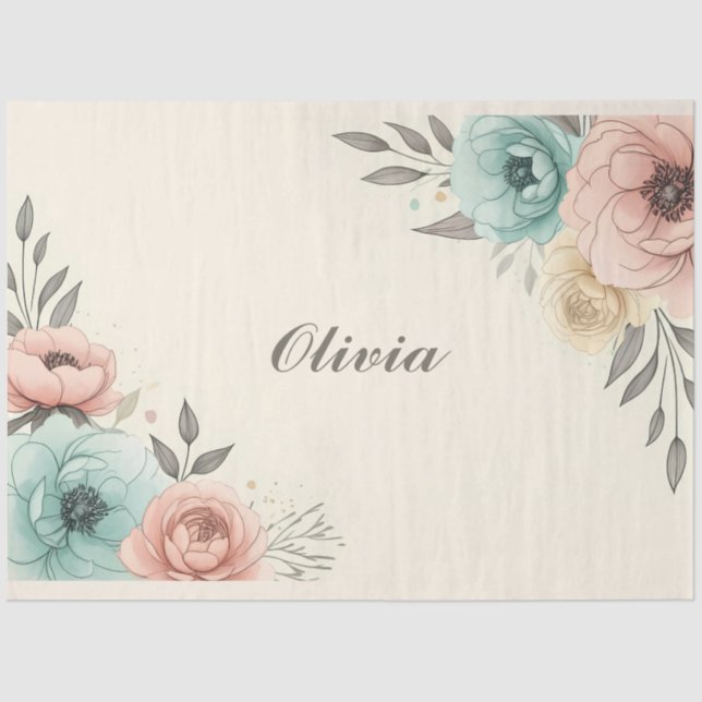 Papel De Seda Esboço de Flores Delicadas em Aquarela (Frente )
