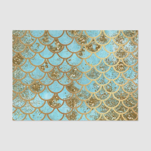 Papel De Seda Escalas de peixes Dourados azuis iridescentes da (Frente )