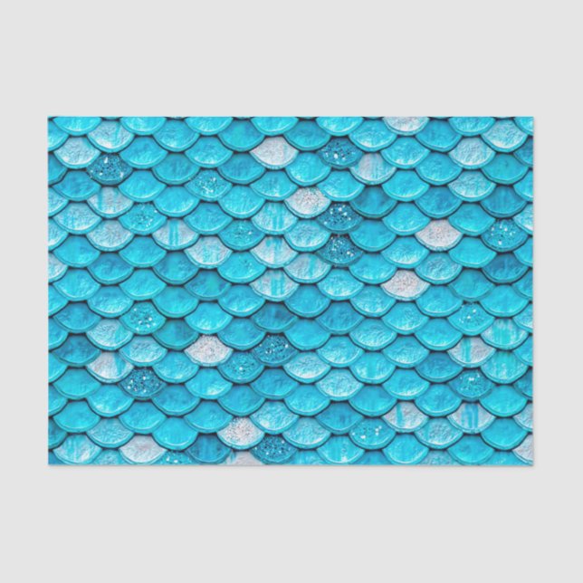 Papel De Seda Escamas De Peixes De Sereia Cintilantes Azuis Irid (Frente )