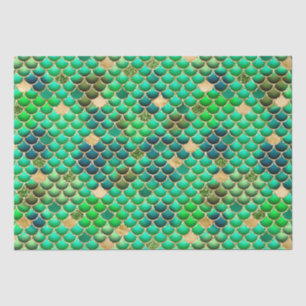 Papel De Seda Escamas de sereia em folha verde e brilho dourado