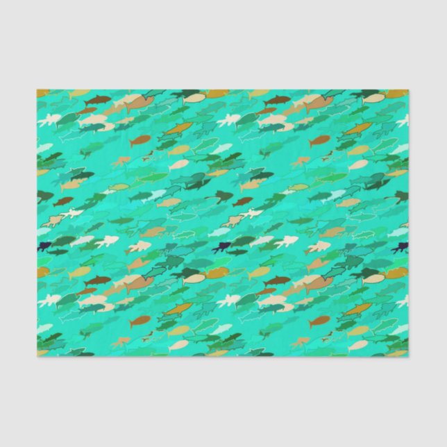 Papel De Seda Escola de Peixes, Aqua, Verde e Dourada (Frente )