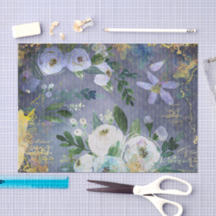 Papel De Seda Escrito floral de aquarela, dourado azul de aço