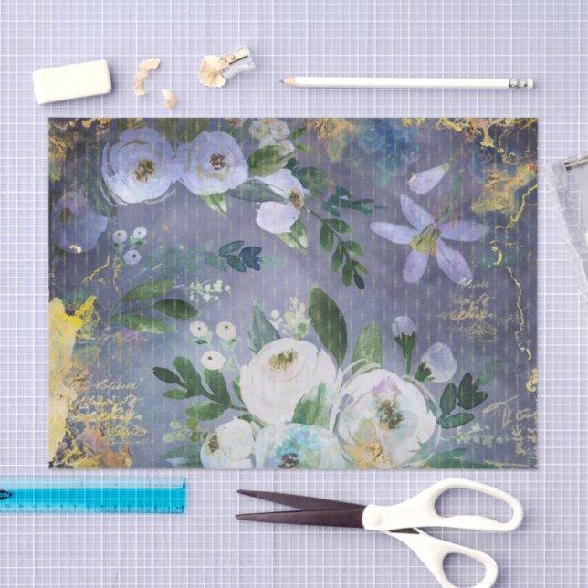 Papel De Seda Escrito floral de aquarela, dourado azul de aço (Arte )