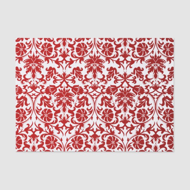 Papel De Seda Escuro - damasco floral vermelho e branco (Frente )