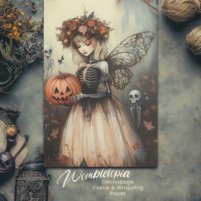 Papel De Seda Esqueleto de Fada Gótica do Halloween com Abóbora (Criador carregado)