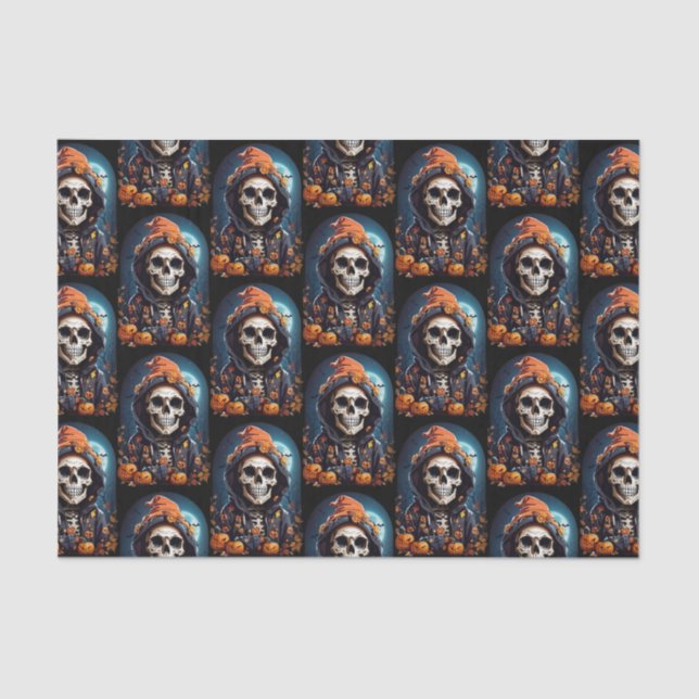 Papel De Seda Esqueleto Spooky com padrão de Mau Pumpkins (Frente )