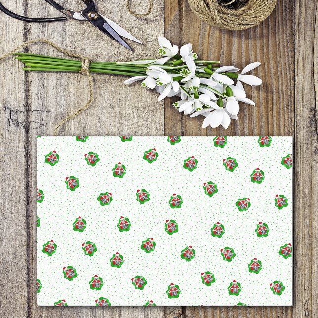 Papel De Seda Esqueletos natalinos Santa Hats nos Círculos (Christmas skeletons ornament eyes Santa hats green polka dots on white wrapping tissue paper.)