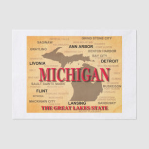 Papel De Seda Estado de mapa de Michigan, Detroit, Lansing