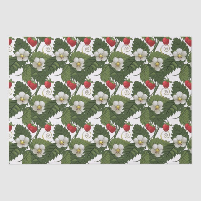 Papel De Seda Estampa Floral de Morango Flor Branca Folha Verde (Frente )