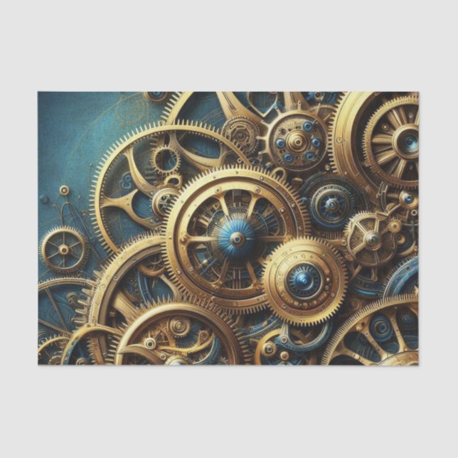 Papel De Seda Estampunk Clockwork Dourado e Teal (Frente )