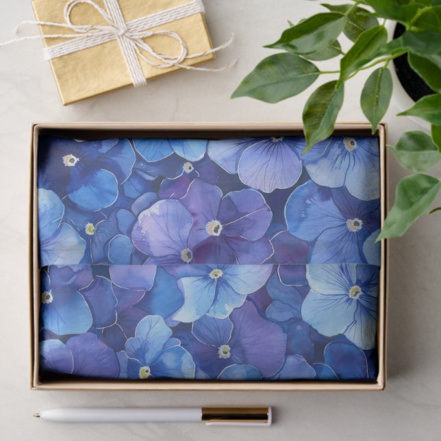 Papel De Seda Estilo de Aquarela Pansias Azul Impressão Floral R (Presente)
