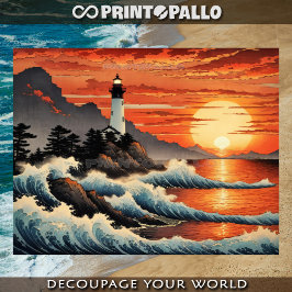 Papel De Seda Estilo de ondas de Hokusai com farol costeiro
