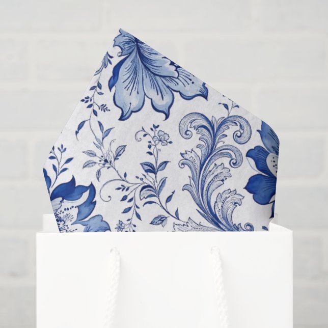 Papel De Seda Estilo Delft Azul Branco Flores Fantasia Caprichos (Sacola de presentes)