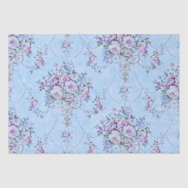 Papel De Seda Estilo Vitoriano Branco Azul Francês Decoupage Flo (Frente )