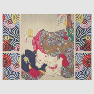 PAPEL DE SEDA ESTOU CANSADA, JAPONESA COM GATO BRANCO