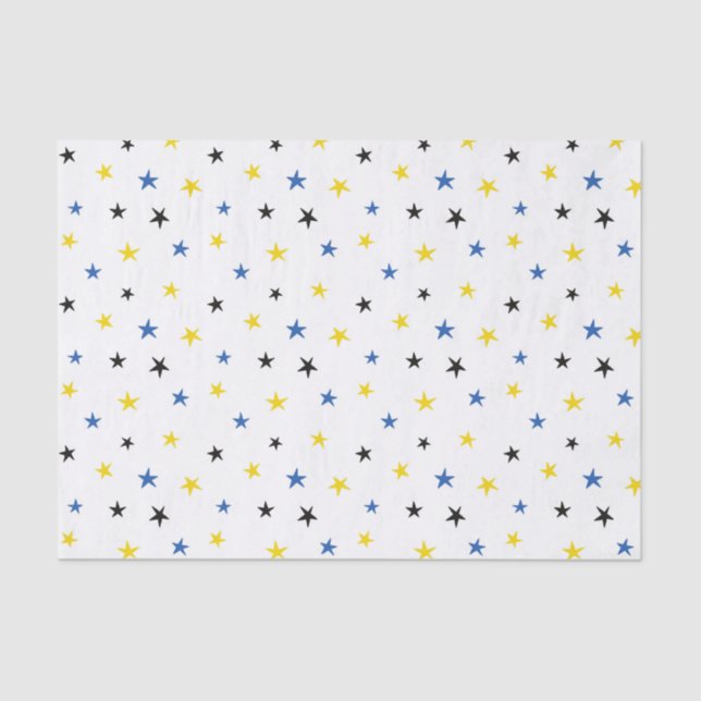 PAPEL DE SEDA ESTRELAS BRANCAS AZUIS AMARELAS (Frente )