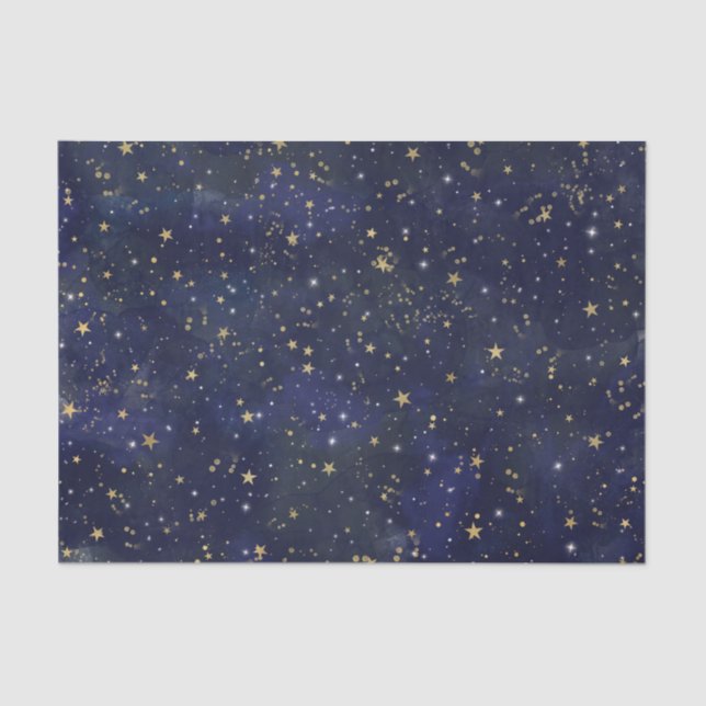 Papel De Seda Estrelas Célestiais Azuis e Douradas Aquarela (Frente )