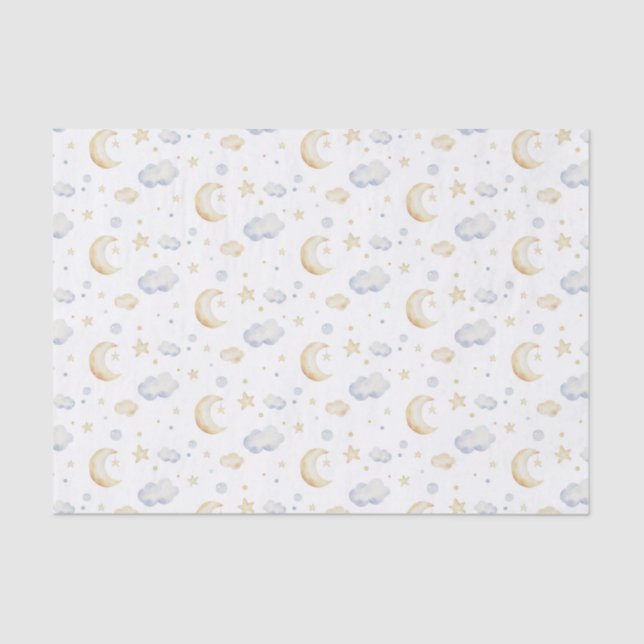 Papel De Seda Estrelas de Lua de Aquarela e Padrão de Nuvem (Frente )