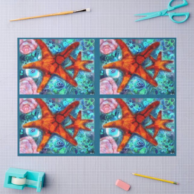 Papel De Seda Estrelas-do-mar e Conchas Decoupage Náutico Costei (Arte )