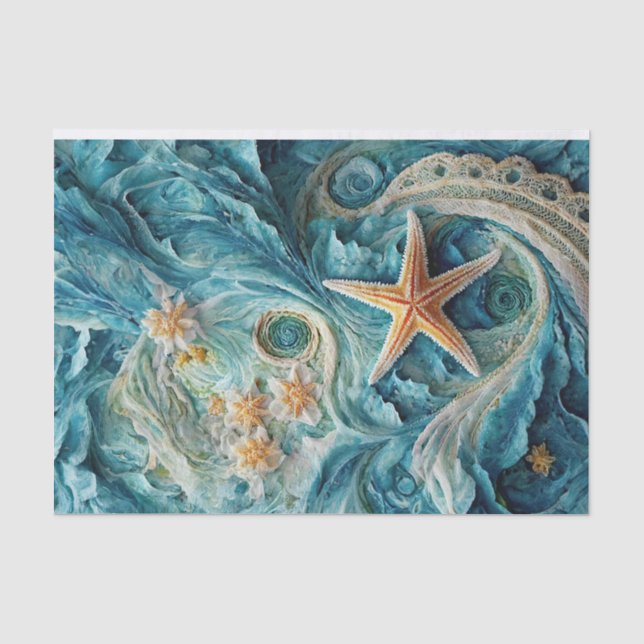 Papel De Seda Estrelas-do-mar rendadas, ondas do oceano e estrel (Frente )