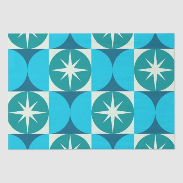 Papel De Seda Estrelas do Meio do Século em Círculos Azul Teal (Frente )