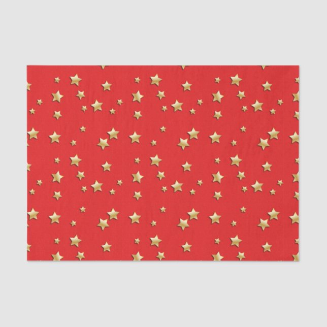 Papel De Seda Estrelas Douradas brilhantes num fundo vermelho (Frente )