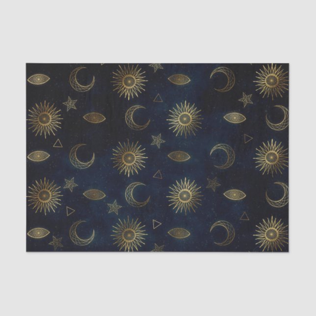 Papel De Seda Estrelas Douradas da Lua Solar Celestial Azul (Frente )