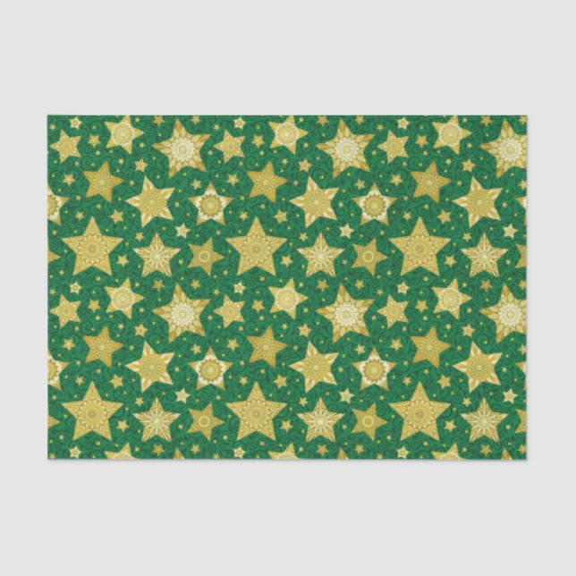 Papel De Seda Estrelas Dourados elegantes no damasco verde (Frente )