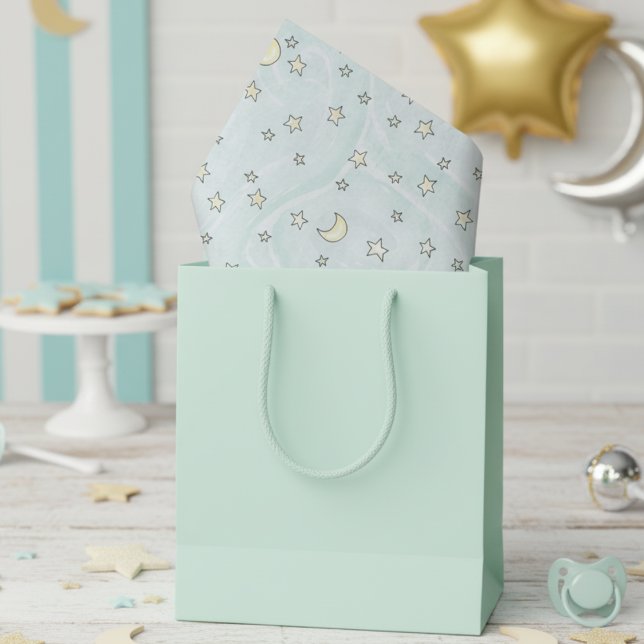 Papel De Seda Estrelas e Luas de Casa Negra (Cute Stars and Moons Pattern Pastel Mint Gender Neutral Baby Shower Tissue Paper for Mother to Be.)