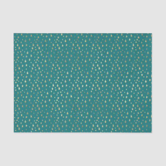 Papel De Seda Estrelas Teais e Douradas (Frente )