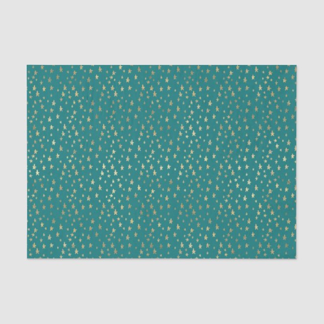 Papel De Seda Estrelas Teal e Douradas (Frente )