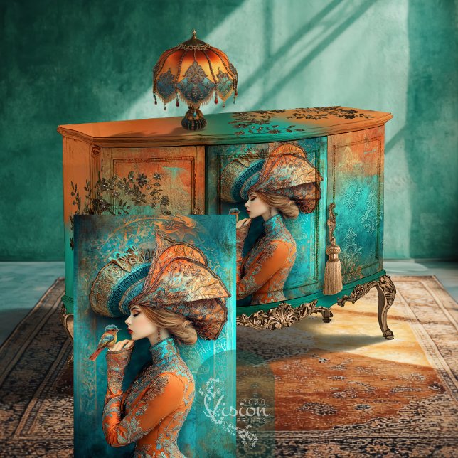 Papel De Seda Eterno sussurra-dama em uma arte de chapéu (Lady in a big hat, with a bird Fashion Fantasy Vibrant Detailed Portrait Art Decoupage Tissue Paper)