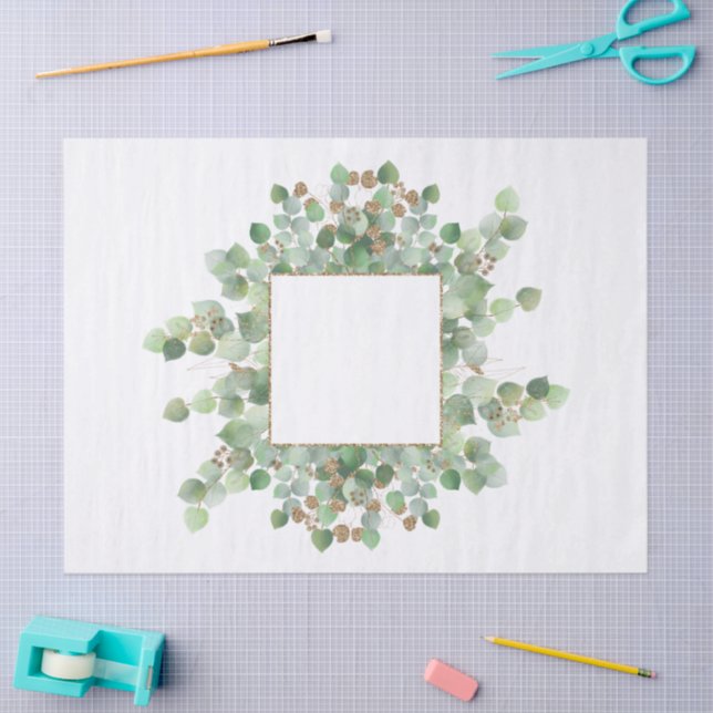 Papel De Seda Eucalyptus Frame Gold Glitter Leafy Branch (Arte )