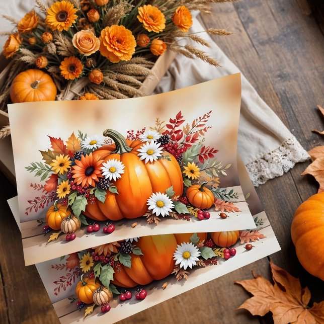Papel De Seda Exquisite Fall Pumpkins Wildflowers and Autumn (Exquisite Fall Pumpkins, Wildflowers and Autumn Branches Composition Design Tissue Paper.)